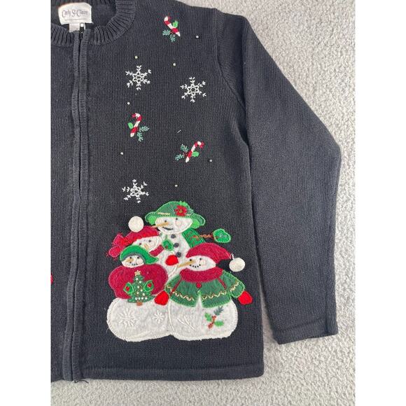 Carly St Claire Sweater Womens Small Christmas Black Vintage Snow Full Zip Ugly - Picture 4 of 10